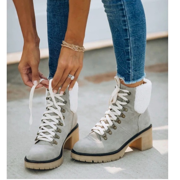 Vici Shoes - Vici conquest heeled shearling lace up Stylish Gray Women's Boots